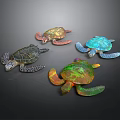 Colorful Sea Turtles With Vibrant Shells And Flippers On Dark Background