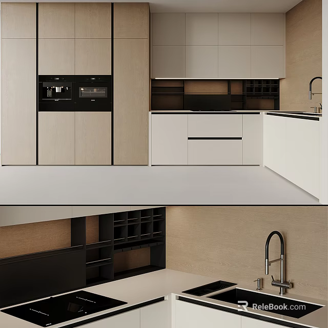 Modern Kitchen Interior With White Beige Cabinets And Black Appliances 3d model 