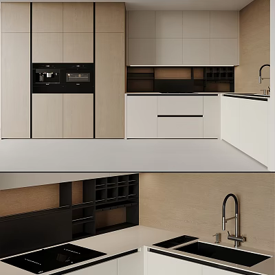 Modern Kitchen Interior With White Beige Cabinets And Black Appliances 3d model