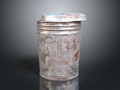 Old Rusty Metal Trash Can With Lid And Worn Surface Texture 3d model