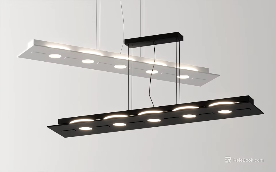 Modern Long Rectangular Pendant Lights In Black And White With Multiple Round Lamps 3d model