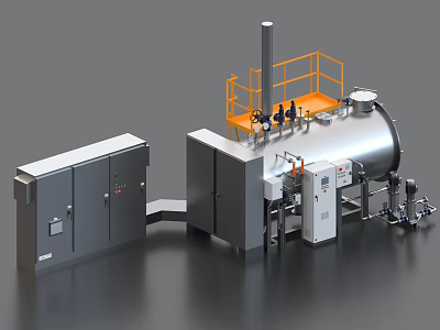 Industrial Equipment Setup With Large Stainless Steel Tank Gray Control Cabinets And Orange Safety Platform 3d model