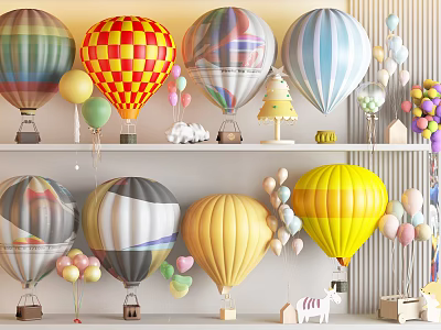 Colorful Hot Air Balloons With Various Patterns And Decorative Ornaments On Shelf 3d model