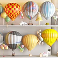 Colorful Hot Air Balloons With Various Patterns And Decorative Ornaments On Shelf