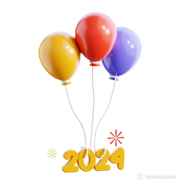 Decorative Ornament Set With Colorful Balloons 2024 Numbers And Star Decorations 3d model 