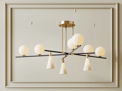 Modern Gold Chandelier with Black Bar and White Spherical and Conical Shades 3d model
