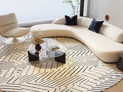Modern White Curved Sofa With Glass Coffee Table Set In Living Room Interior 3d model