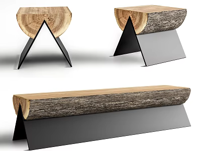 Rustic Log Wood Outdoor Landscape Seats With Black Metal Support Design 3d model