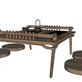 Traditional Wooden Tea Table And Chairs With Tea Set And Round Woven Cushions