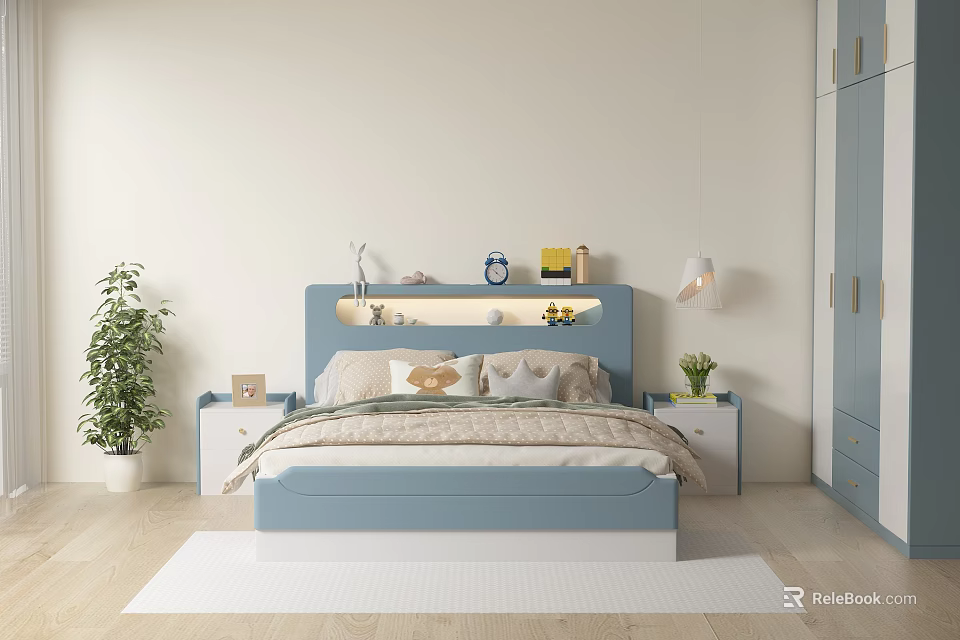 Blue Kids Bed With Decorative Headboard In Modern Light Bedroom With Nightstands And Plants 3d model 