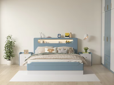 Blue Kids Bed With Decorative Headboard In Modern Light Bedroom With Nightstands And Plants 3d model
