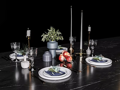 Elegant Tableware Set With Plates Napkins Wine Glasses Candles Plant And Pomegranates On Dining Table 3d model