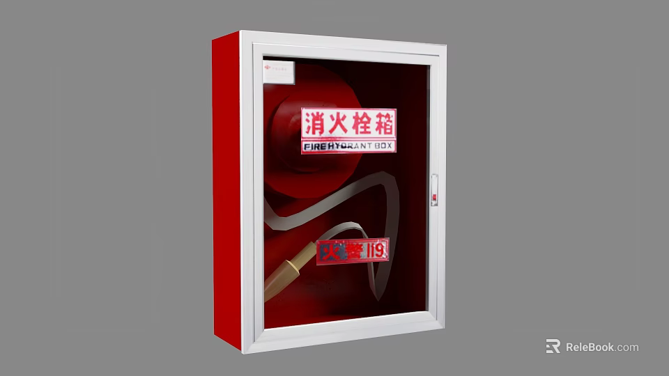 Red Fire Hydrant Cabinet With Fire Hose And Emergency Call 119 Signage 3d model 