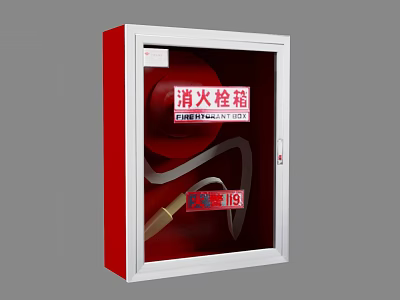 Red Fire Hydrant Cabinet With Fire Hose And Emergency Call 119 Signage 3d model