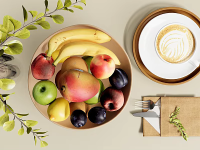 Fresh Assorted Fruits in a Bowl with Bananas Peaches Apples Mango Plums and Green Leaves 3d model