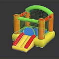 Colorful Inflatable Play Equipment With Green Arch Orange Poles Red Slide And Blue Entrance