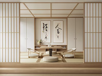 Traditional Japanese Tea Room Interior With Wooden Frames Shoji Screens Calligraphy Scrolls And Tatami Seating 3d model