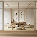 Traditional Japanese Tea Room Interior With Wooden Frames Shoji Screens Calligraphy Scrolls And Tatami Seating