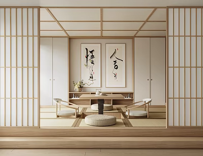 Traditional Japanese Tea Room Interior With Wooden Frames Shoji Screens Calligraphy Scrolls And Tatami Seating 3d model