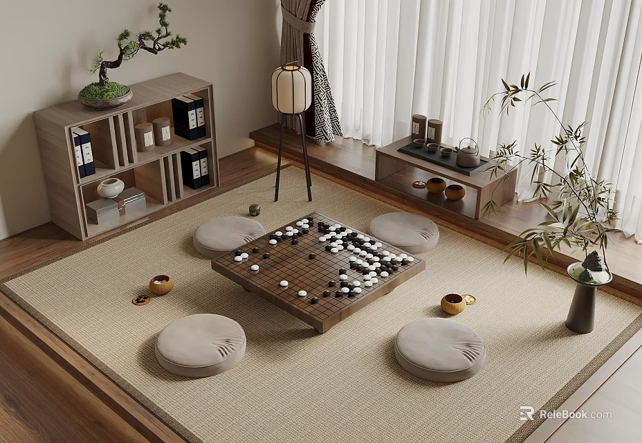 Japanese Style Tatami Bedroom with Board Game Table Round Cushions Wooden Shelf and Floor Lamp 3d model 