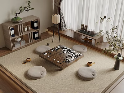 Japanese Style Tatami Bedroom with Board Game Table Round Cushions Wooden Shelf and Floor Lamp 3d model