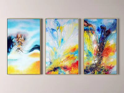 Three Modern Abstract Paintings With Vibrant Colors And Fluid Brushstrokes Hanging On Wall 3d model