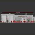 Gas Station Building With White Roof Red Accents Multiple Fuel Pumps And Modern Design