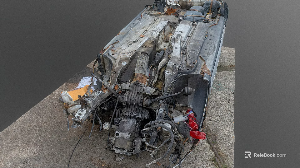 Dismantled Car Wreckage With Scattered Rusted Metal Parts On Ground 3d model 