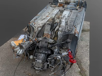 Dismantled Car Wreckage With Scattered Rusted Metal Parts On Ground 3d model