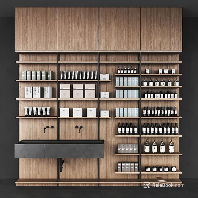 Modern Wooden Bathroom Vanity Cabinet With Multi-layer Shelves Sink And Storage Jars 3d model 