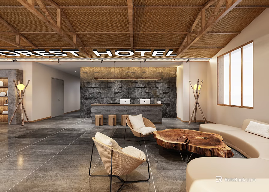 Forest Hotel Lobby Interior Design With Wooden Ceiling And Comfortable Seating Area 3d model 