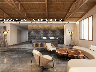 Forest Hotel Lobby Interior Design With Wooden Ceiling And Comfortable Seating Area 3d model