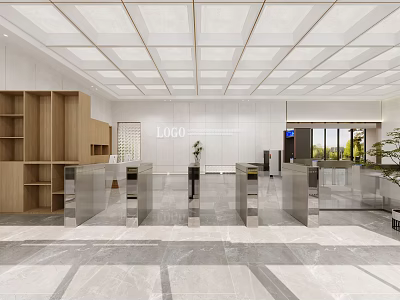 Modern Front Desk Reception Featuring Marble Floor Wooden Shelves White Grid Ceiling And Logo Wall 3d model