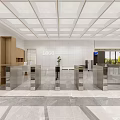 Modern Front Desk Reception Featuring Marble Floor Wooden Shelves White Grid Ceiling And Logo Wall