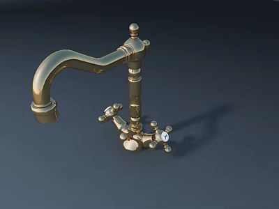 Vintage Golden Brass Faucet With Curved Spout Rotating Handles And Classic Design 3d model