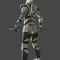 Futuristic Robot In Silver Black Armor With Glowing Accents Standing Against Dark Background