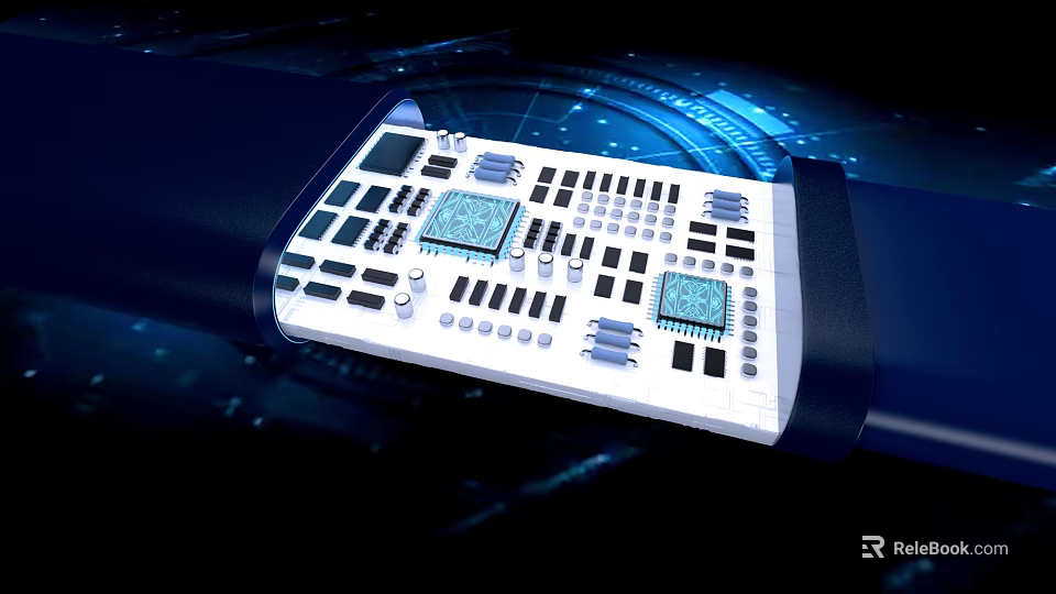 Smart Machine Circuit Board With Chips Buttons And Tech Glow Lines 3d model