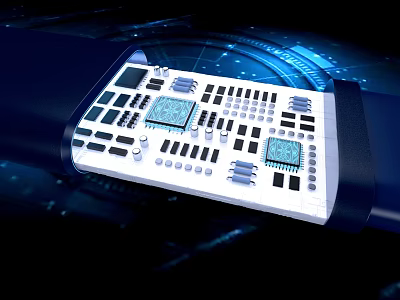 Smart Machine Circuit Board With Chips Buttons And Tech Glow Lines 3d model