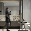 Modern Minimalist Grey Bathroom With Built In Washing Machine Freestanding Bathtub And Double Sink Vanity