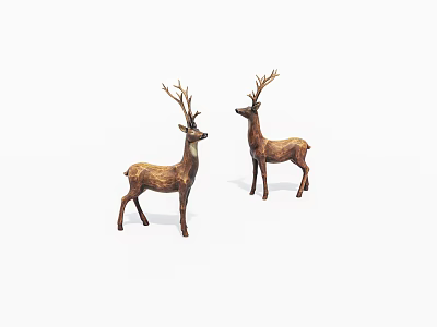 Two Decorative Deer Figurines With Antlers Standing As Ornamental Statues 3d model