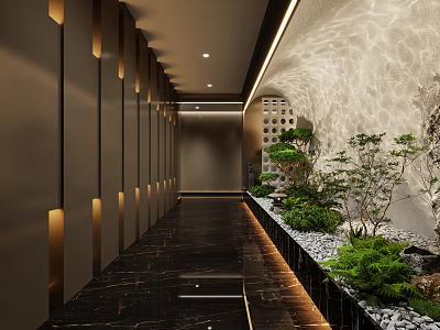 Modern SPA Sauna Corridor With Lighting Greenery And Marble Floor 3d model