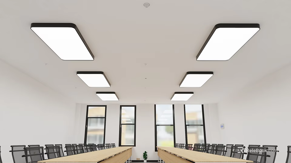 Rectangular Ceiling Lights On White Ceiling Illuminating Bright Room With Long Tables Chairs And Windows 3d model 
