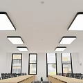 Rectangular Ceiling Lights On White Ceiling Illuminating Bright Room With Long Tables Chairs And Windows 3d model