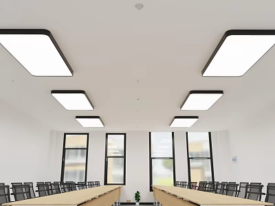 Rectangular Ceiling Lights On White Ceiling Illuminating Bright Room With Long Tables Chairs And Windows 3d model
