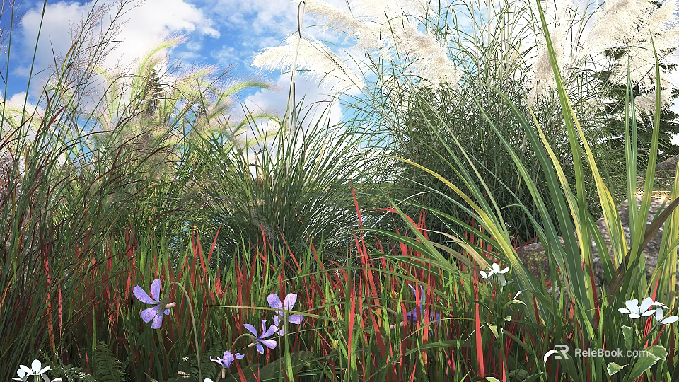Vibrant Garden With Purple Flowers Red Green Grasses White Reeds Blue Sky And Clouds 3d model 