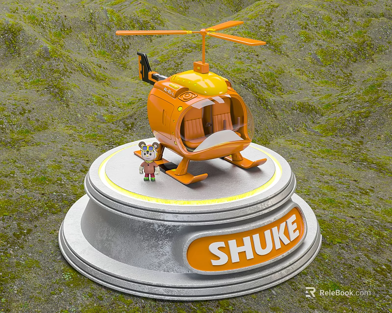 Electric Toy Orange Helicopter Shuke With Small Figure And Base Stand 3d model 
