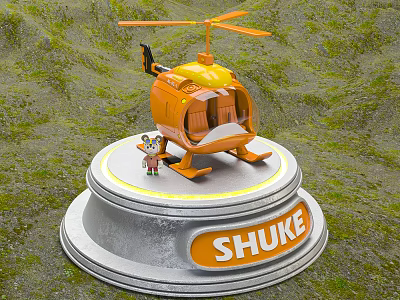 Electric Toy Orange Helicopter Shuke With Small Figure And Base Stand 3d model