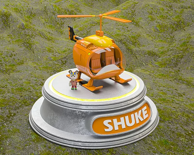 Electric Toy Orange Helicopter Shuke With Small Figure And Base Stand 3d model