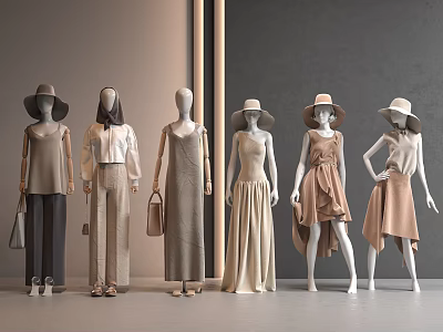 Fashion Mannequins Display Stylish Dresses Tops Pants With Hats And Handbags In Modern Showroom 3d model