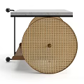 Stylish Wheeled Side Table With Woven Rattan Wheels Marble Top And Wooden Shelf